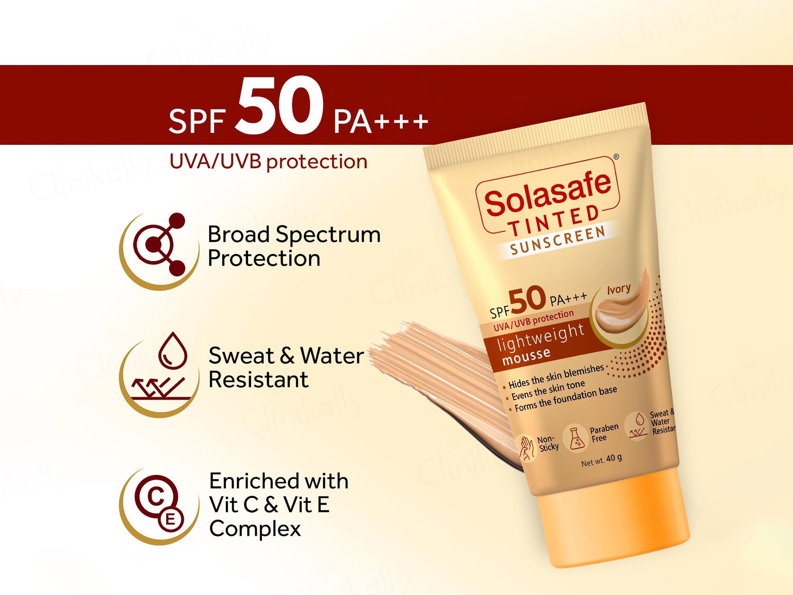 Solasafe Tinted Ivory Lightweight Mousse Sunscreen SPF 50 PA+++
